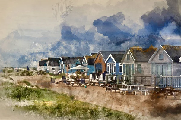 Digital Watercolour Painting Beach Huts Sand Dunes Beach Landscape — стоковое фото