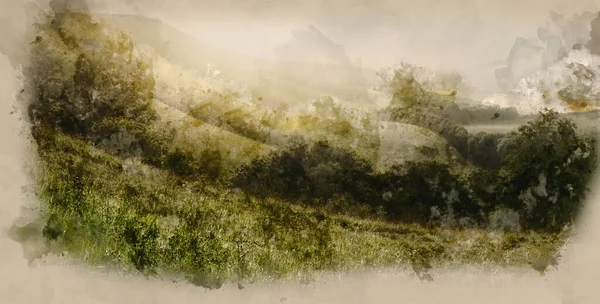 Digital Watercolour Painting Sunrise Rolling English Countryside Landcape — Stockfoto