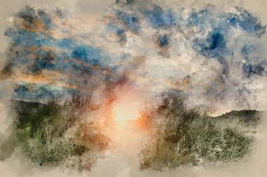 Üç Tepe Koyu Gower Yarımadası Üzerinde Gündoğumu 'nun dijital suluboya resmi.