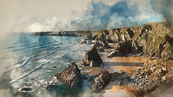 Aquarelle Numérique Belle Image Paysage Coucher Soleil Crépuscule Bedruthan Steps — Photo