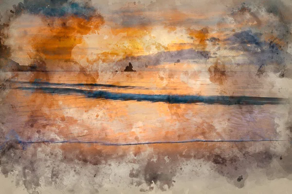 Digital Watercolor Painting Stunning Sunrise Landsdcape Idyllic Broadhaven Bay Beach — стокове фото