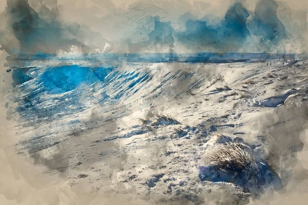 Digitale Aquarellmalerei Von Atemberaubend Blauem Himmel Berglandschaft Winter Mit Schneebedeckten — Stockfoto