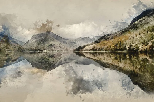 イギリス レイク地区のバターミア湖の美しい秋の風景のデジタル水彩画 — ストック写真