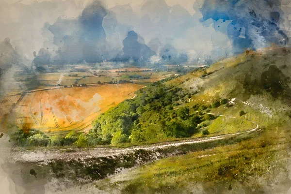 Cyfrowe Malowanie Akwarelami Angielskiego Krajobrazu Wiejskiego Późnym Letnim Popołudniem Dramatycznym — Zdjęcie stockowe