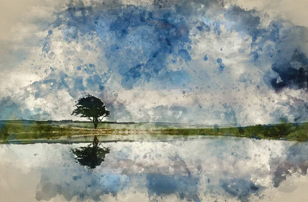 Pintura Aquarela Digital Céu Tempestuoso Moody Refletido Paisagem Campo Lagoa — Fotografia de Stock