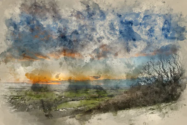 Cyfrowe Malarstwo Akwarelowe Oszałamiający Krajobraz Zachód Słońca Nad Krajobrazem Wsi — Zdjęcie stockowe