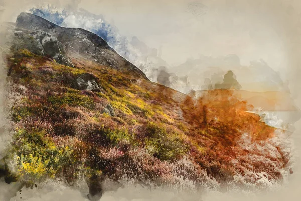 Digitales Aquarell Der Sonnenaufgangslandschaft Über Den Cregennen Seen Snowdonia Nationalpark — Stockfoto