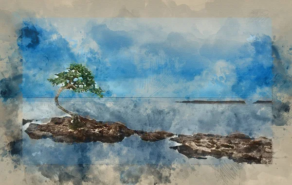 Cyfrowe Malowanie Akwarelą Nastrojowego Dramatycznego Krajobrazu Morskiego Skałami Rozmyciem Ruchu — Zdjęcie stockowe