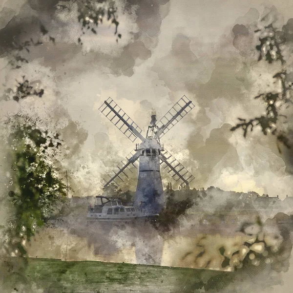 Digital Watercolour Painting Stunning Landscape Windmill River Sunrise Summer Morning — Stock Photo, Image