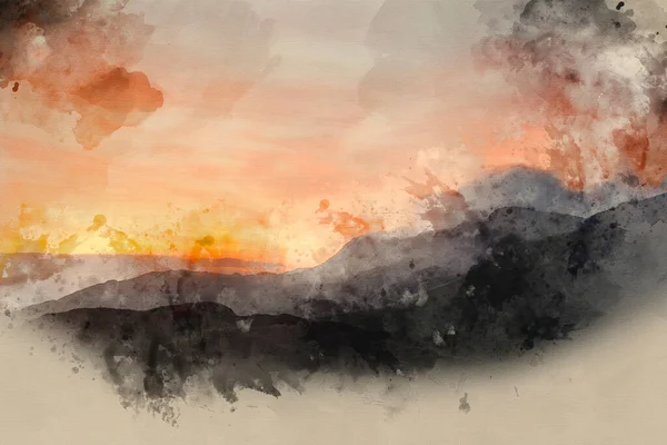 Digitale Aquarellmalerei Von Atemberaubender Berglandschaft Sonnenaufgang Mit Leuchtenden Farben Und — Stockfoto