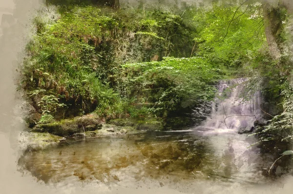 Digital Watercolour Painting Lush Green Forest Scene Waterfall Flowing Rocks — Fotografia de Stock
