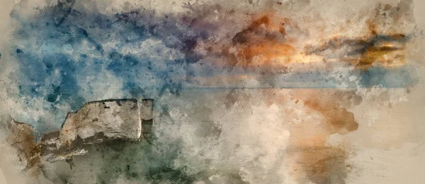 Digital Watercolour Painting Beautiful Sunrise Panorama Landscape Old Harry Rocks — Stock Photo, Image