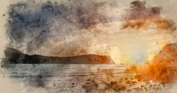 Cyfrowy Obraz Akwarelowy Oszałamiający Krajobraz Wschodu Słońca Nad Zatoką Lulworth — Zdjęcie stockowe