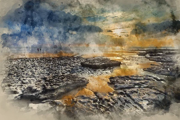 Pintura Aquarela Digital Paisagem Deslumbrante Pôr Sol Sobre Dunraven Bay — Fotografia de Stock