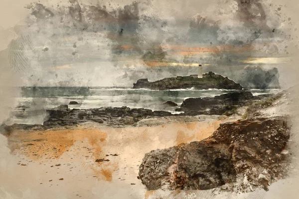 Digital Watercolour Painting Stunning Sunrise Landscape Godrevy Lighthouse Cornwall Coastline — Fotografia de Stock