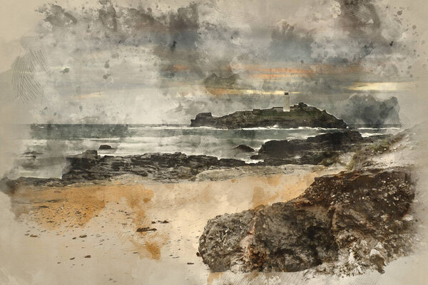 Digital watercolour painting of Stunning sunrise landscape of Godrevy lighthouse on Cornwall coastline in England