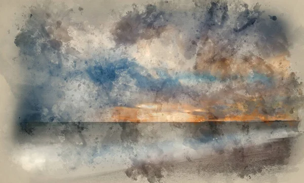 Digital Watercolour Painting Stunning Landscape Image Sunset Sea — Fotografia de Stock