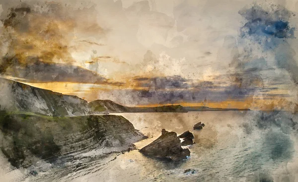 Digital Watercolour Painting Beautiful Sunrise Mupe Bay Landscape Summer Morning — стоковое фото