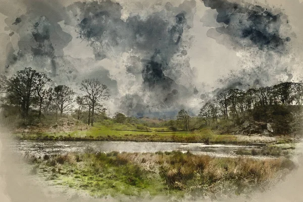 Digital Watercolour Painting Stormy Dramatic Sky Lake District Landscape England — Stock Fotó