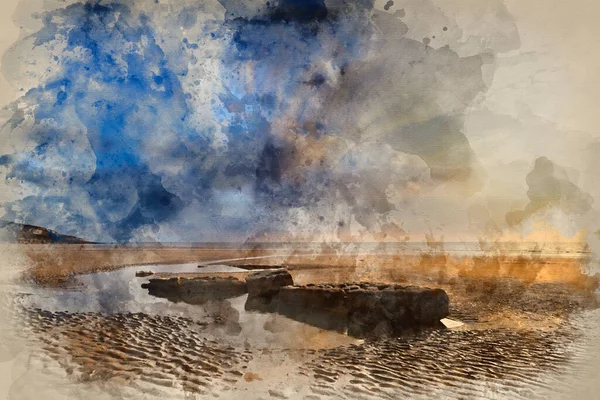 威尔士邓拉文湾日落美景的数码水彩画 — 图库照片