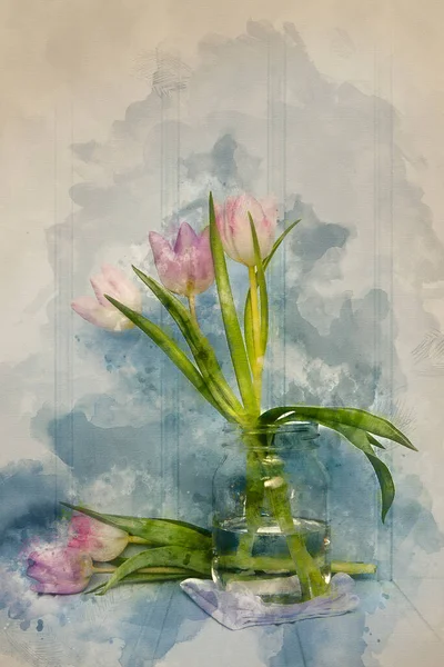 Güzel Bahar Çiçeğinin Dijital Suluboya Resmi Ahşap Arka Planda Hayat — Stok fotoğraf