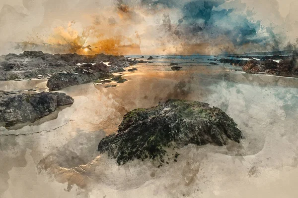 Digital Watercolour Painting Beautiful Sunset Landscape Image Freshwater West Beach — Fotografia de Stock