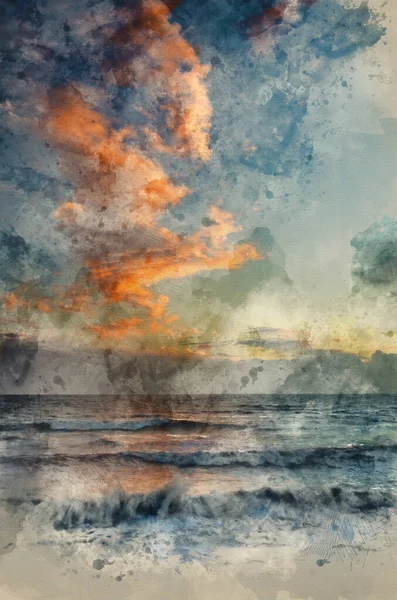 Digital Watercolour Painting Beautiful Winter Sunset Sky Waves Ocean — Stockfoto