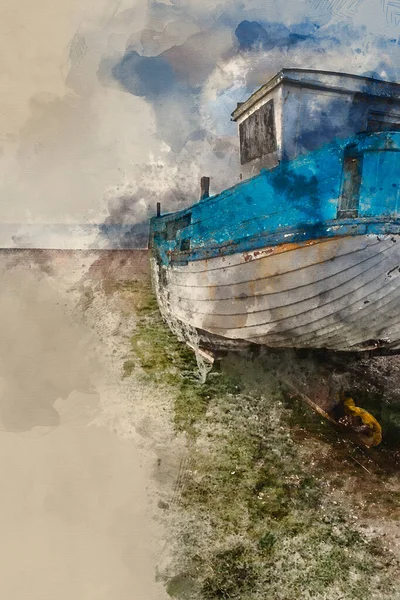 Digital Watercolour Painting Abandoned Fishing Boat Beach Lovely Summer Morning — стоковое фото