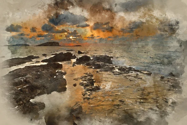 Aquarelle Numérique Paysage Aube Lever Soleil Sur Belle Côte Rocheuse — Photo