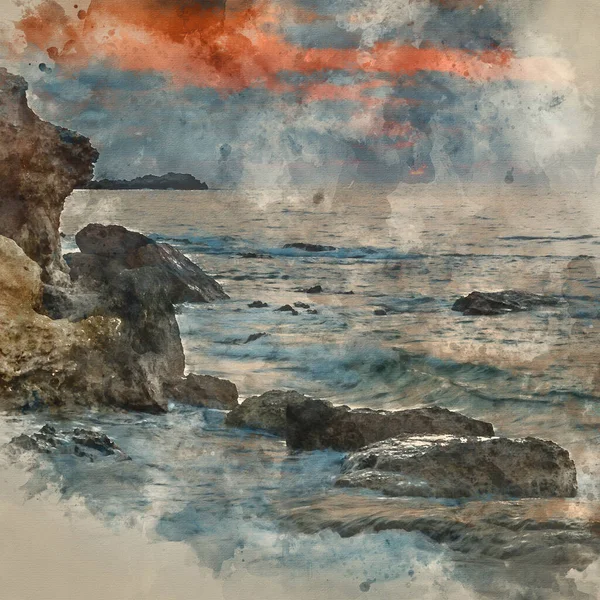 Digitale Aquarellmalerei Der Morgensonnenaufgangslandschaft Über Der Wunderschönen Felsküste Mittelmeer — Stockfoto