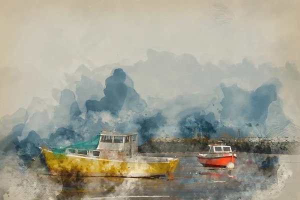 Digital Watercolour Painting Lovely Colorful Landscape Image Leisure Boats Harbor — 스톡 사진