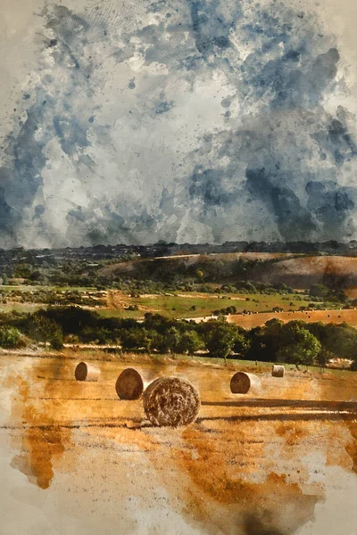 Digital Watercolour Painting Beautiful Moody Summer Landscape Field Hay Bales — Foto Stock