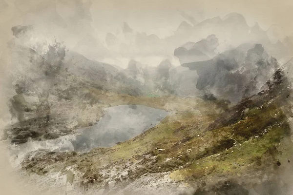 Digital Watercolour Painting Moody Landscape Image Llyn Idwal Glyders Mountain — 스톡 사진