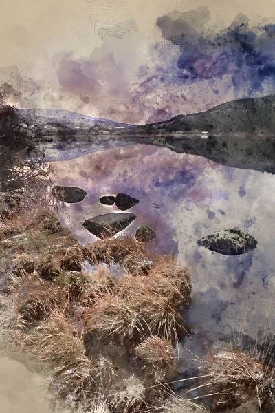 Digitale Aquarel Schilderij Van Prachtige Zonsopgang Landschap Afbeelding Winter Van — Stockfoto