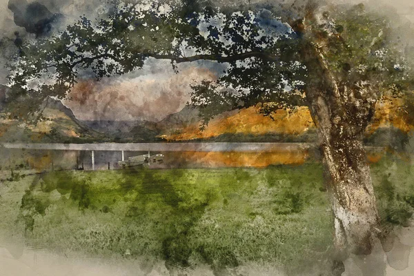 Digitální Akvarel Obrazu Krajiny Veslařských Lodí Llyn Nantlle Národním Parku — Stock fotografie