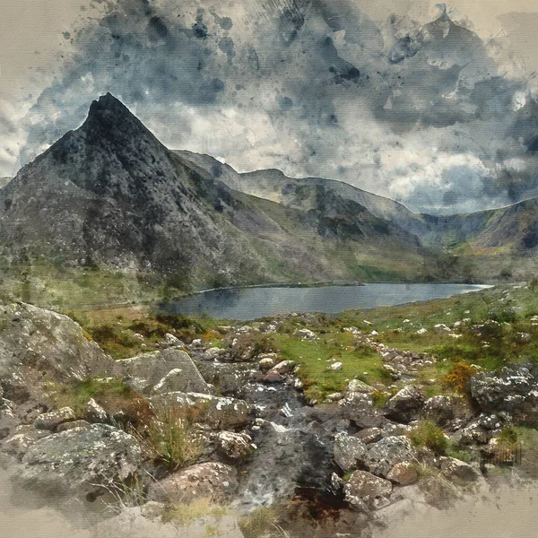 Digital Akvarellmålning Vacker Landskapsbild Bäcken Nära Llyn Ogwen Snowdonia Tidig — Stockfoto