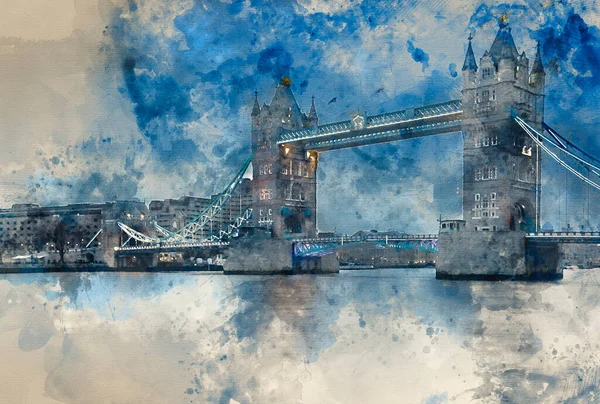 Digital Watercolour Painting Tower Bridge London Blue Hour — Stockfoto