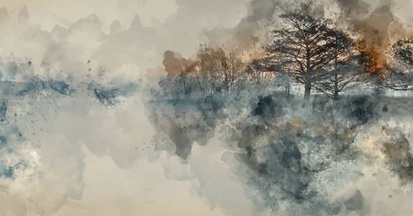 Pintura Digital Acuarela Hermoso Paisaje Tranquilo Lago Niebla —  Fotos de Stock