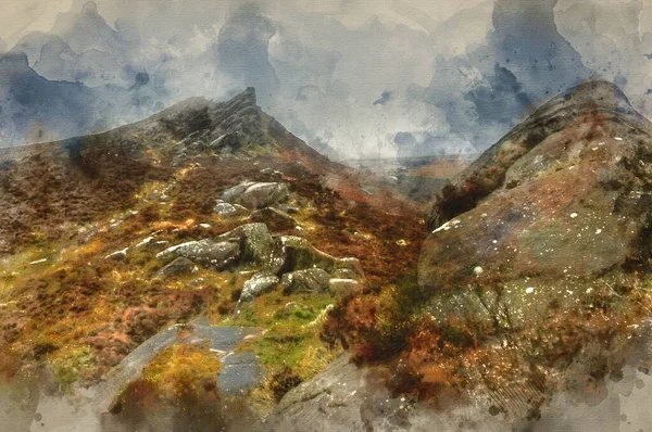 Digital Watercolour Painting Ramshaw Rocks Peak District National Park Foggy — стокове фото