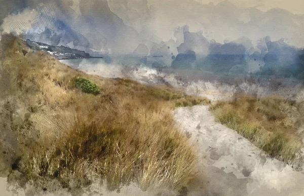 Digital Watercolour Painting Sennen Cove Beach Sand Dunes Sunset Cornwall — Foto Stock