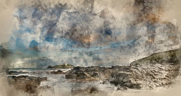 英国康沃尔海滨戈德里维灯塔令人惊叹的日出景观数字水彩画 — 图库照片
