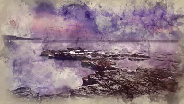 Digital Watercolour Painting Stunning Toned Landscape Seascape Coastline Rocky Shore — 图库照片