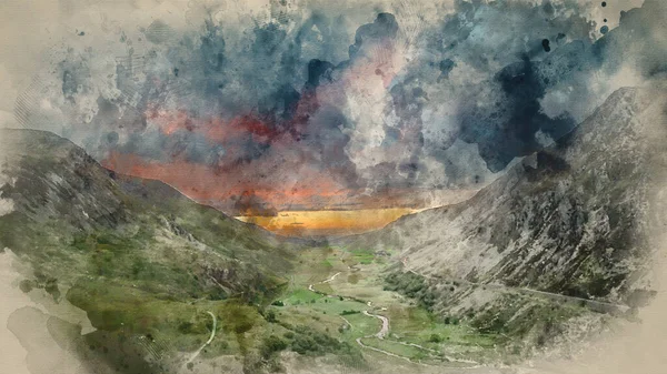 Digital Watercolour Painting Beautiful Moody Landscape Image Nant Francon Valley — Zdjęcie stockowe