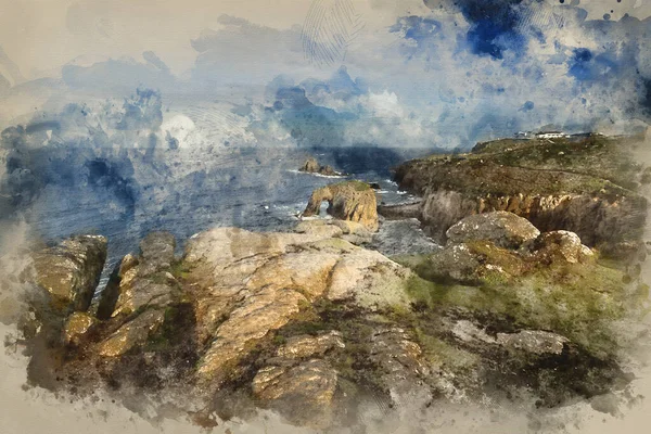 Digitaal Aquarel Schilderij Van Prachtige Zonsopgang Landschapsbeeld Van Land End — Stockfoto