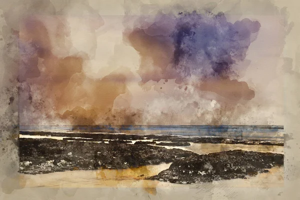Digital Watercolour Painting Beautiful Rocky Beach Sunset Landscape Long Exposure —  Fotos de Stock