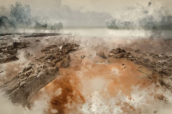 Digital Watercolour Painting Landscape Beach Scene Moody Sky — стоковое фото
