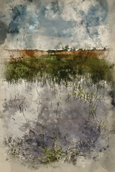 Digital Watercolour Painting Dark Dramatic Landscape Stormy Sky Wetlands —  Fotos de Stock