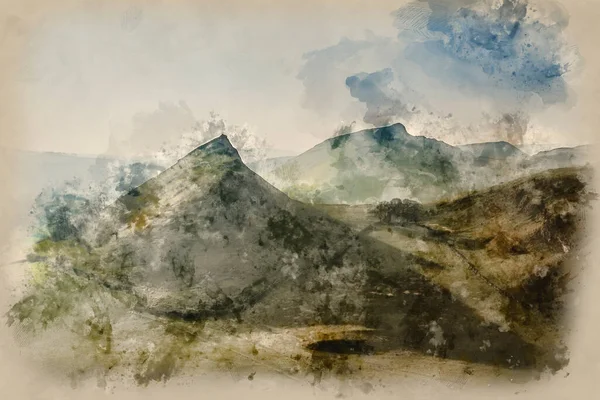 Digital Watercolour Painting Parkhouse Hill Chrome Hill Peak District Sunset — Stock Photo, Image