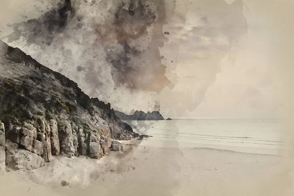 Digitaal Aquarel Schilderij Van Porthcurno Geel Zandstrand Voor Zonsondergang Cornwall — Stockfoto