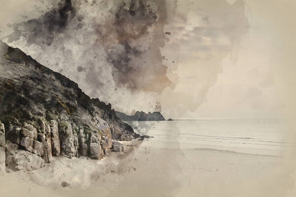 Digital watercolour painting of Porthcurno yellow sand beach before sunset Cornwall England